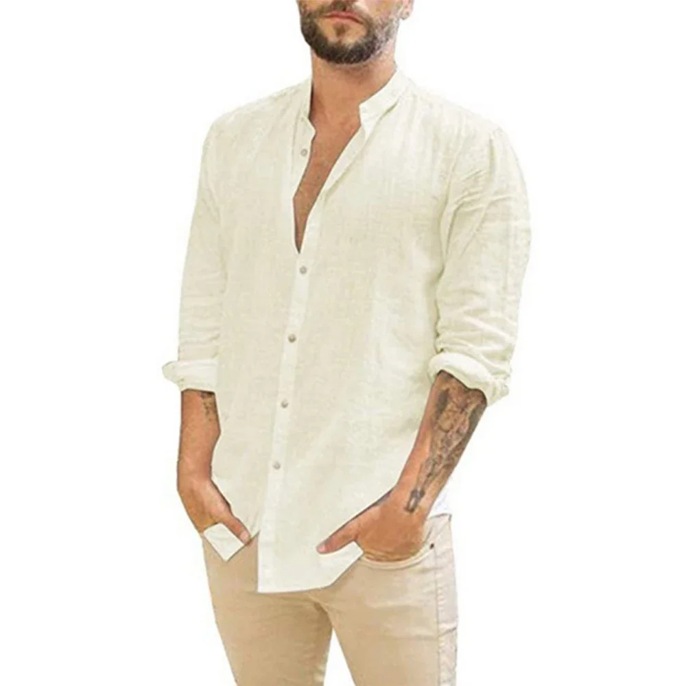 Linen Shirt Cotton Men Long-Sleeved Summer Solid Color Stand-Up Collar Beach Style