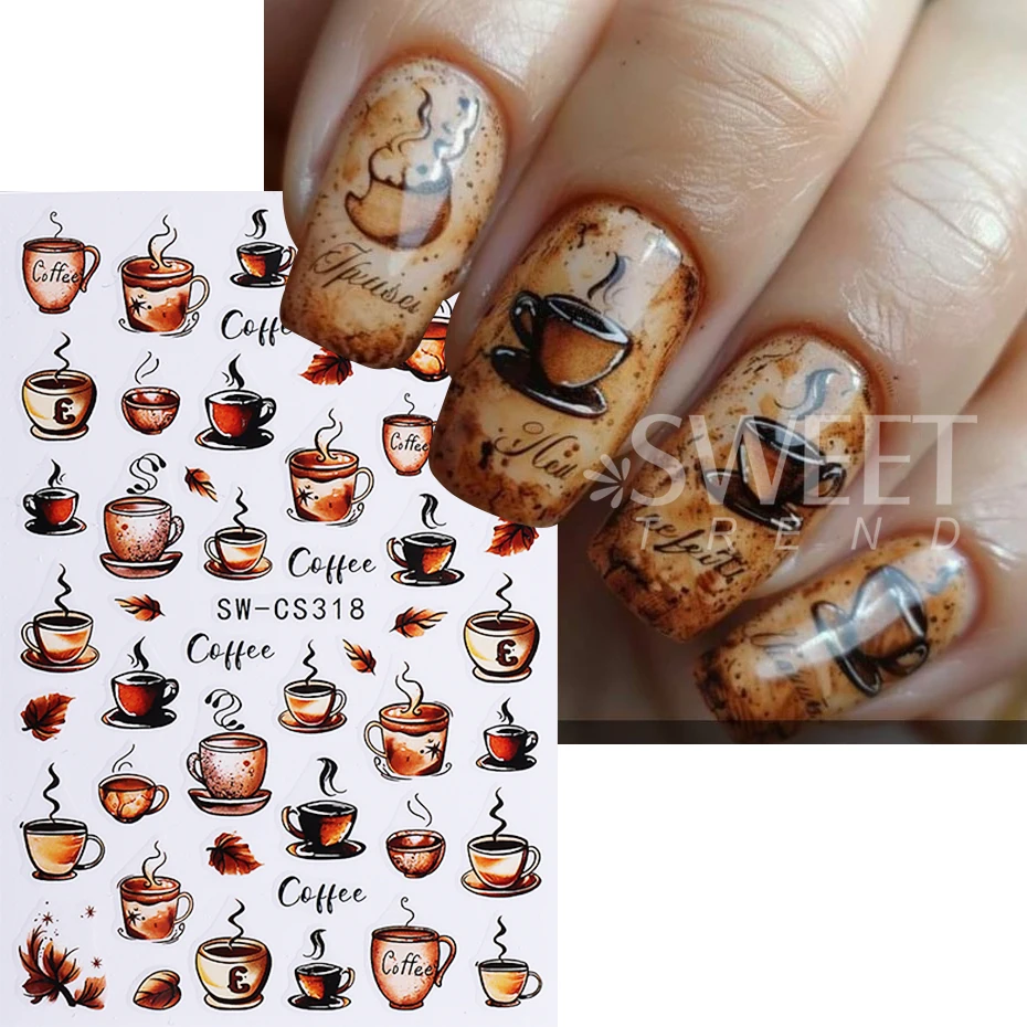 2pcs Retro Nail Stickers 3D Autumn Maple Leaf Coffee Pattern Self-Adhesive Nail Decals DIY Simple Manicure Decoration Sliders