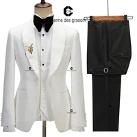 Cenne Des Graoom 2023 Men's Suit for Wedding Ivory Paisley Jacket Tuxedo Black Pants with Satin Side Stripe Slim Fit Shawl Lapel 1