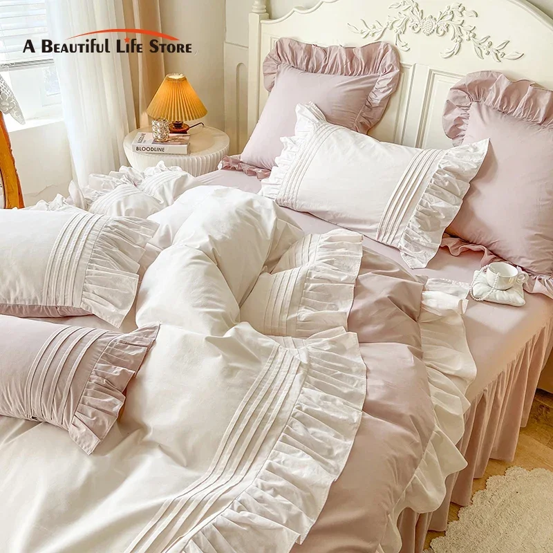 

Pink Korean Style Princess Pleat Ruffles Pure Cotton Bedding Set Duvet Cover Bed Skirt Bedspread Pillowcases 3/4Pcs Home Textile