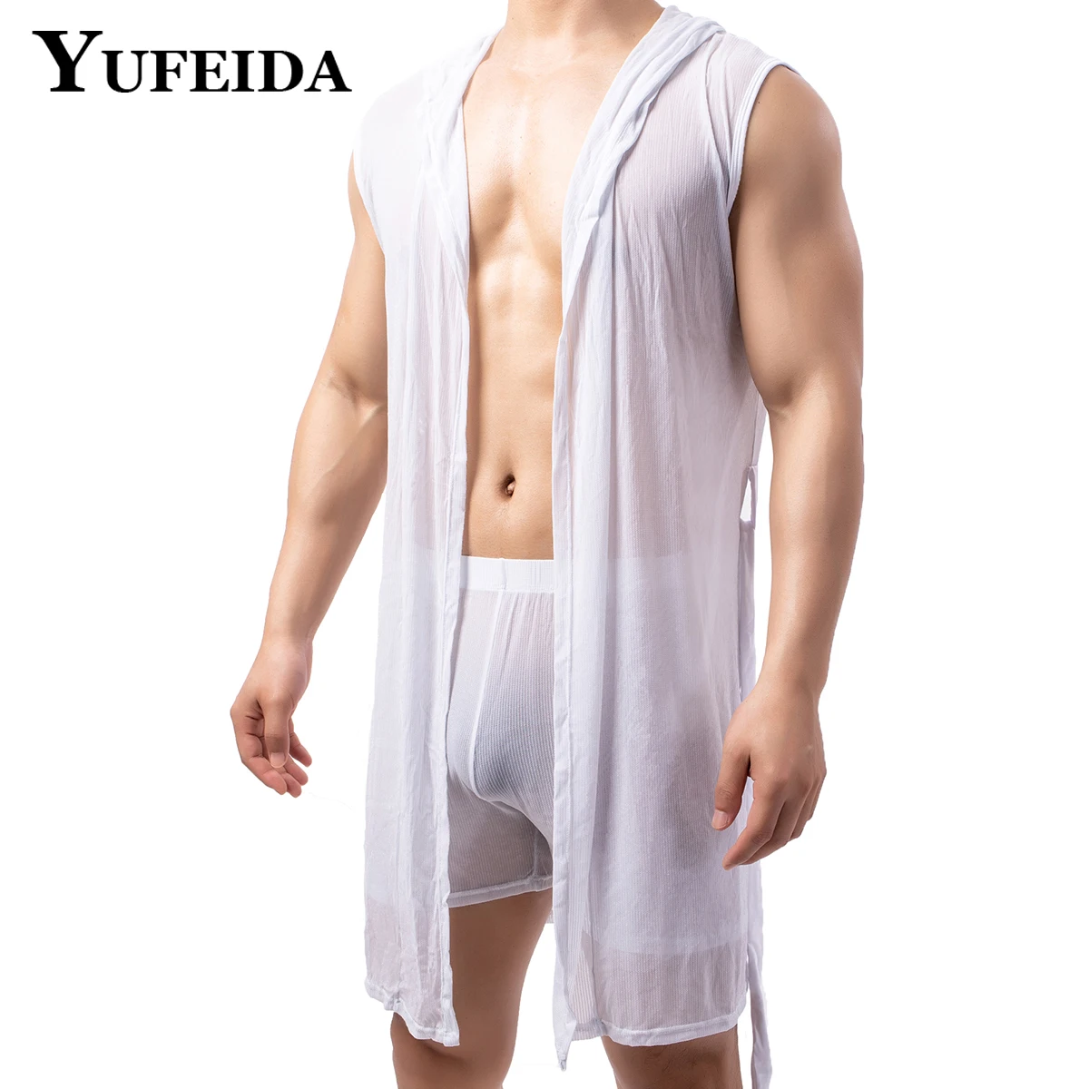 

YUFEIDA Mens Mesh Robes Sexy Men Hoode Bathrobe Sleepwear Sleeveless Bathrobe Sleep Lounge Nightgown Male Kimono Bathing Pyjamas