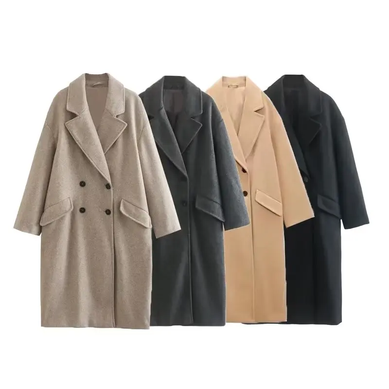 TRAF 2023 Autumn Winter Women Fashion Overcoat Solid Khaki Tiicken Office Lady Long Coat Casual Zevity Streetwear Windbreaker