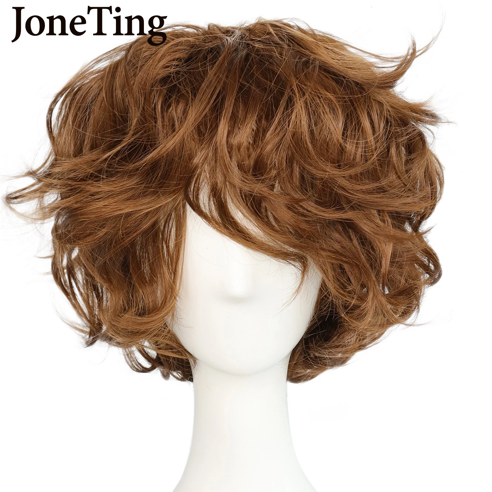 JT Synthetic Brown Men's Short Wavy Wigs with Bangs Orange Curly Heat Resistant Fiber Cosplay Wig Machine Made Halloween Party synthetic topper with bangs s curly 3d french banks women s hairpiece clip in extension for hair volume non remy machine