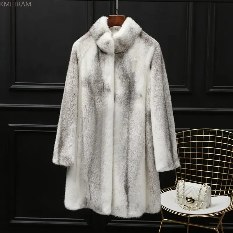 

Natural Cross Mink Fur Coat Women Clothes 2023 Autumn Winter Mid-length Real Fur Jacket Standing Collar Luxury Fur Coats Women
