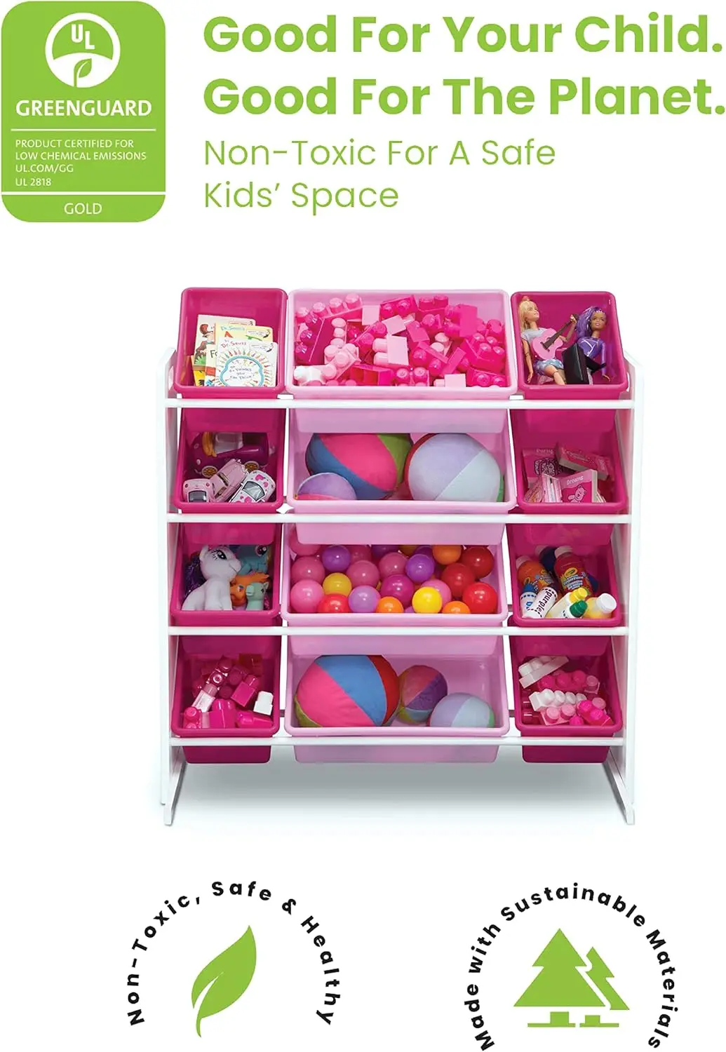 Children Kids Toy Storage Organizer with  Plastic Bins - Greenguard Gold Certified, White/Pink 3