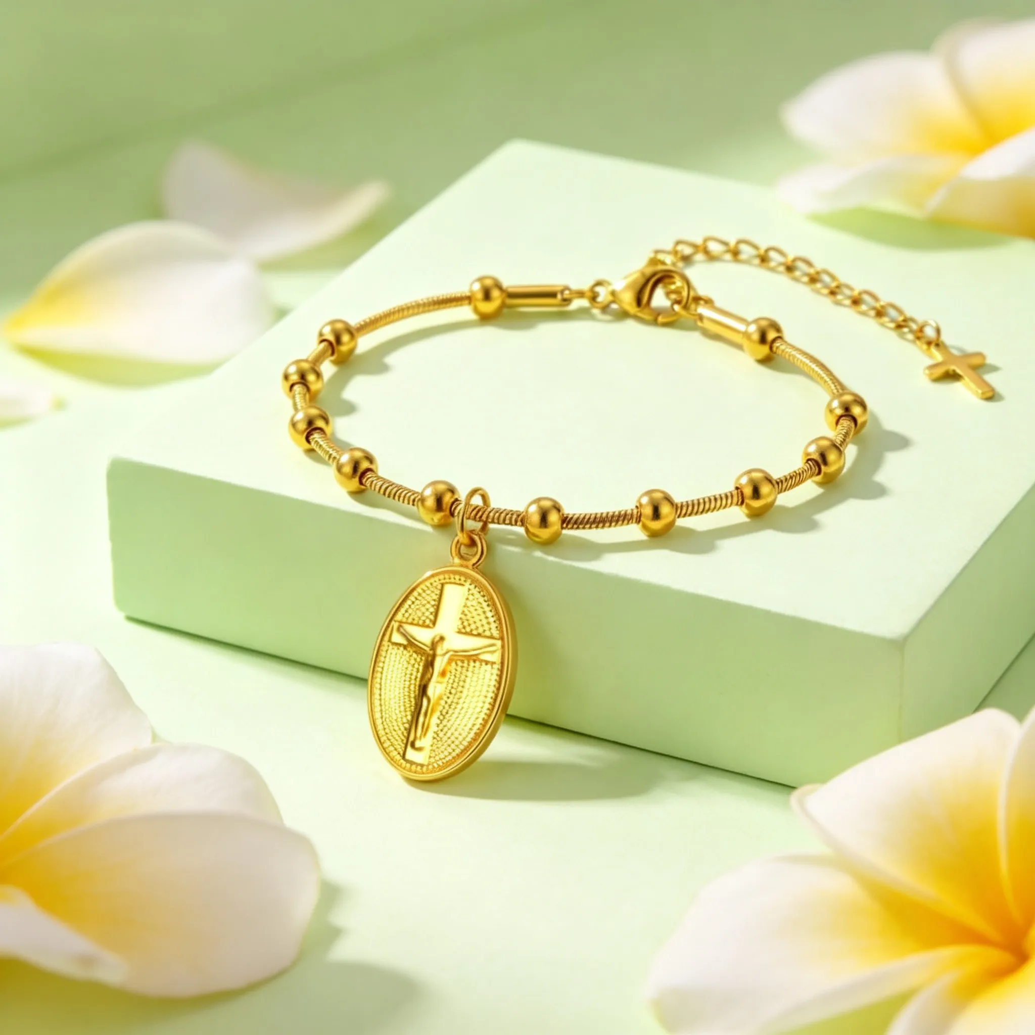 Christian Cross Jesus Dangle Bracelet For Women Stainless Steel Beads Snake Chain Bracelets Holy Jewelry Gift_voghion.com