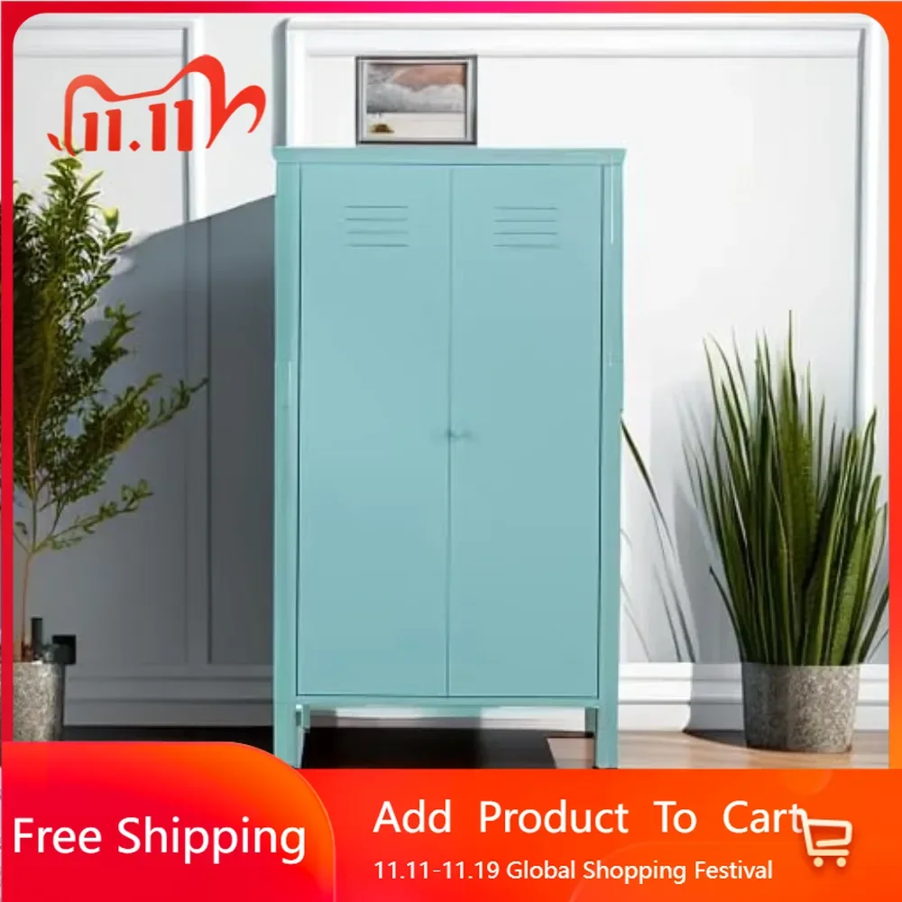 2 Magnetic Doors Steel Wardrobe Kids Closet Storage Accent Cabinet with Hanging Rod and 2 Laminate,Metal Children Tall Storage