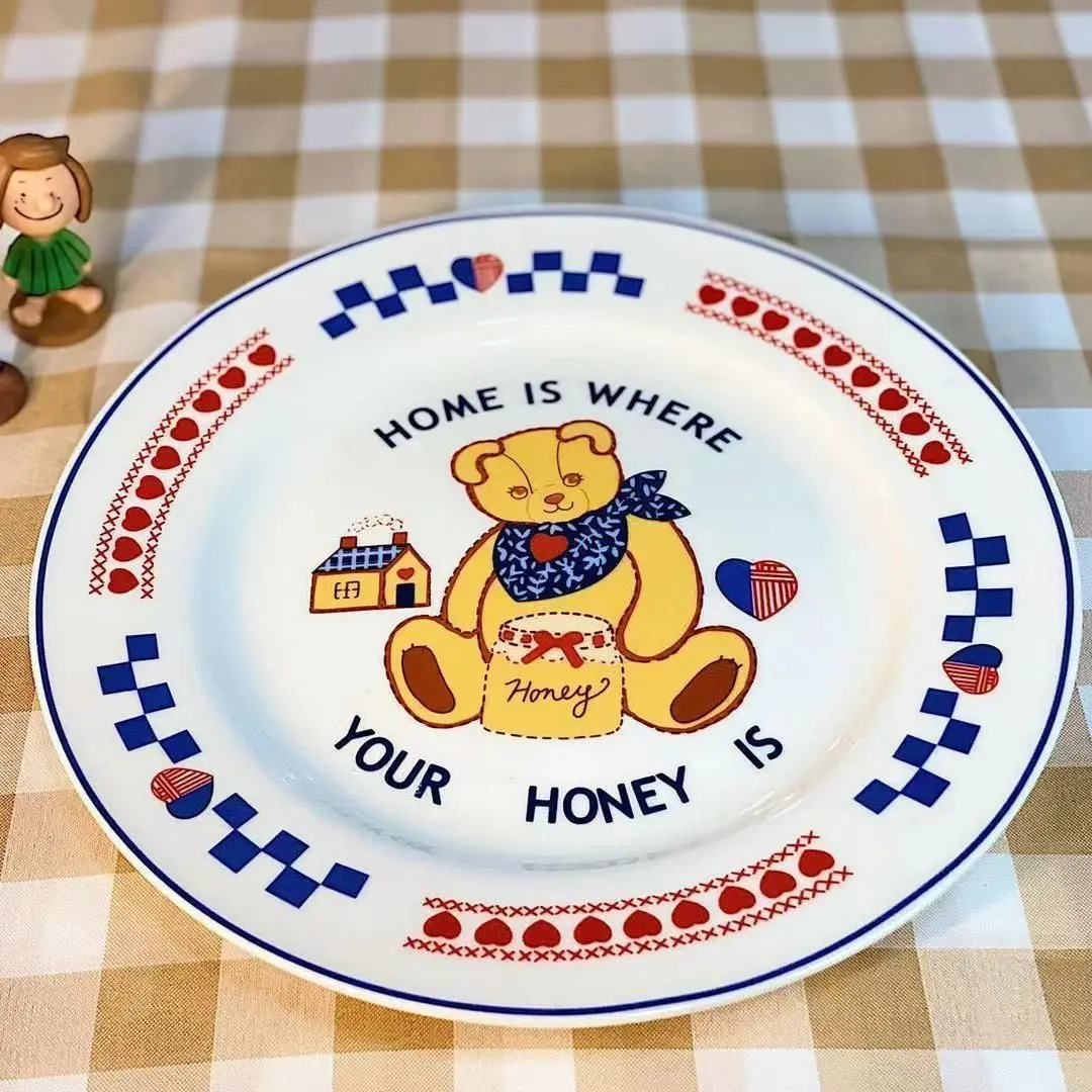 Original Retro Bear Plate,Sushi Bear Plates Korean Cute Girl Heart Ceramic Trays Unique Dessert Plate Serving Cartoon Dinnerware 5