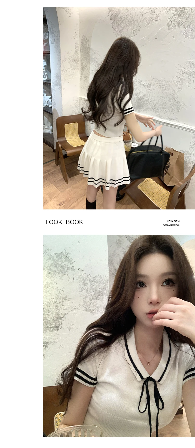 Korean Fashion Knitted Two-piece Set Women Short Sleeve Patchwork Cropped Top Pleated Mini Skirt Preppy Style Outfits New