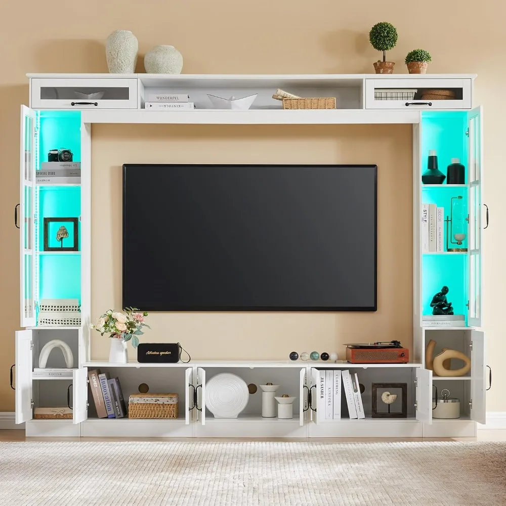 98" Wall Unit with LED Lights for TVs up to 80", Large Modern Wood Tall TVs Stand Console Table Storage Cabinet, TV Stand 3