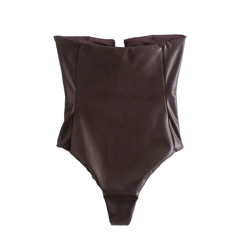 

Woman Fashion Faux Leather Corset Bodysuit Straight Neckline with Vent Exposed Shoulder Chic Woman One-piece Jumpsuit