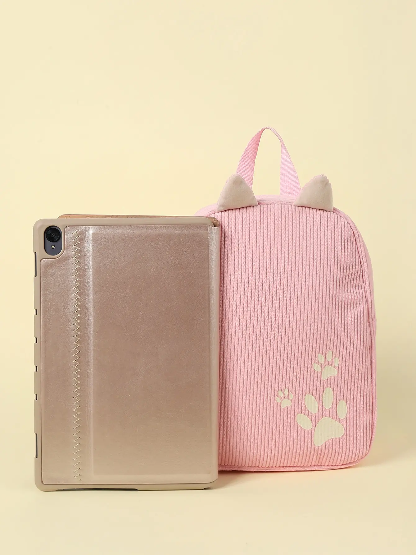 Girls Pink Paw Pattern Cartoon Ear Decor Classic Backpack 3