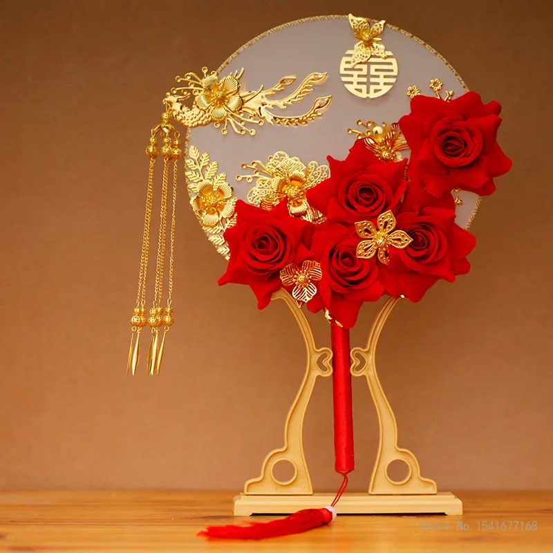Creative Wedding Bridal Group Fan, Wedding Gift, Handmade Chinese Hand Bouquets Ancient Style Happy Finished Decorative Fan, 1Pc
