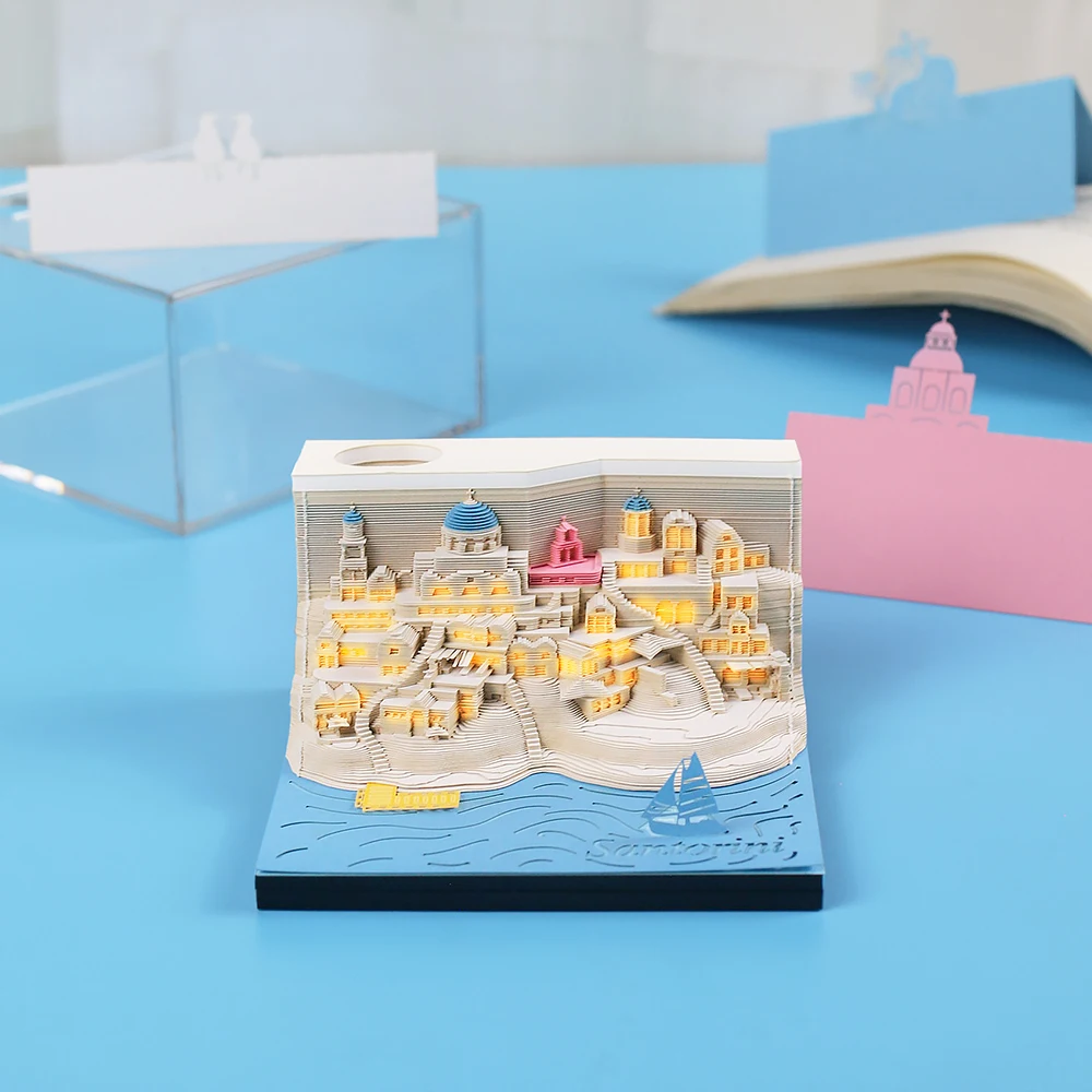 Omoshiroi Block 3D Memo Pads ripiano per appunti 3D di ibiza Love Sea 3D Sticky Note Cubes Mini portapenne accessori per ufficio regalo di compleanno