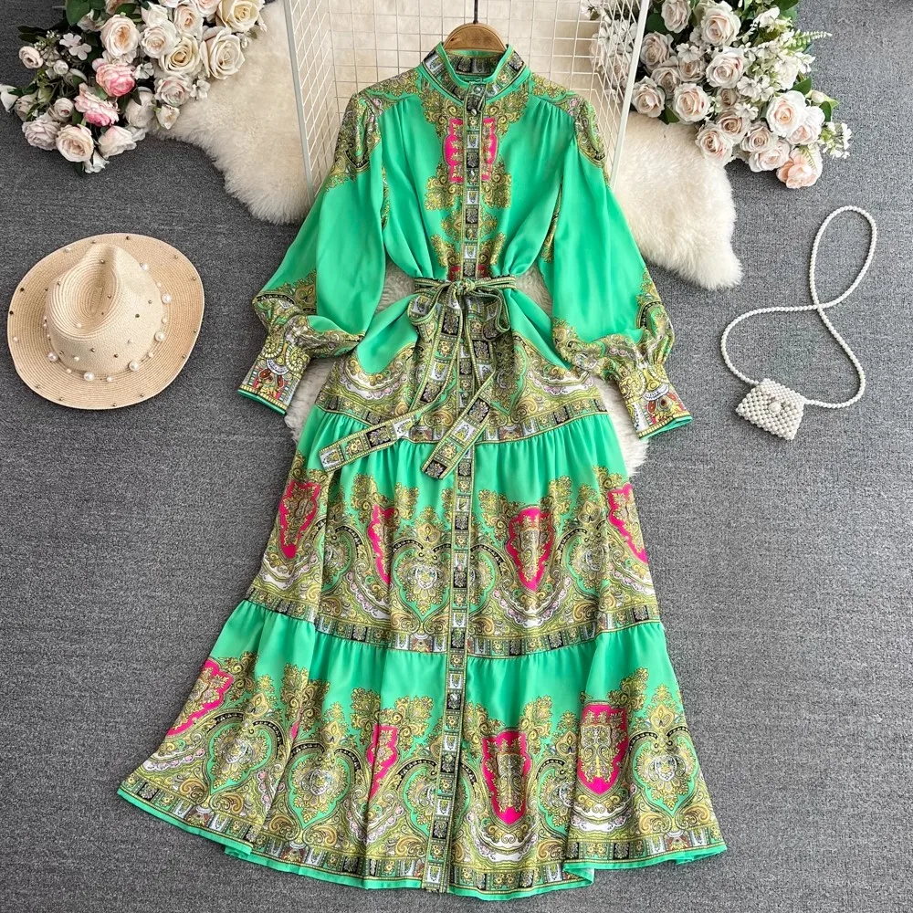 

Summer Fall Floral Print Stand Neck Lantern Sleeve Single-breasted Women Demure Elegant Belt Tunic Ball Gown Shirt Dress A2222