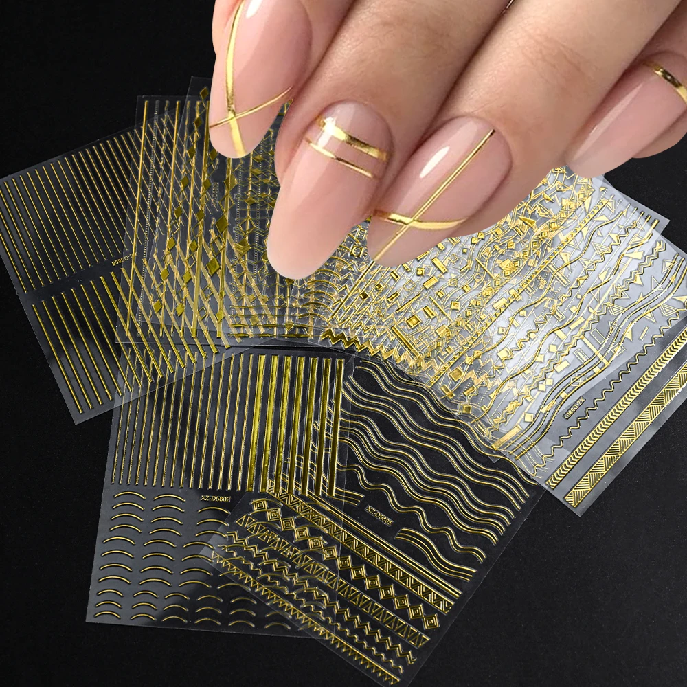3D Gold Metallic Nail Art Stickers Irregular Stripes French Metallic Wavy Line Self-Adhesive Decals DIY Nail Supplies 12pcs nail stickers decorative stickers nail art decoration nail decals