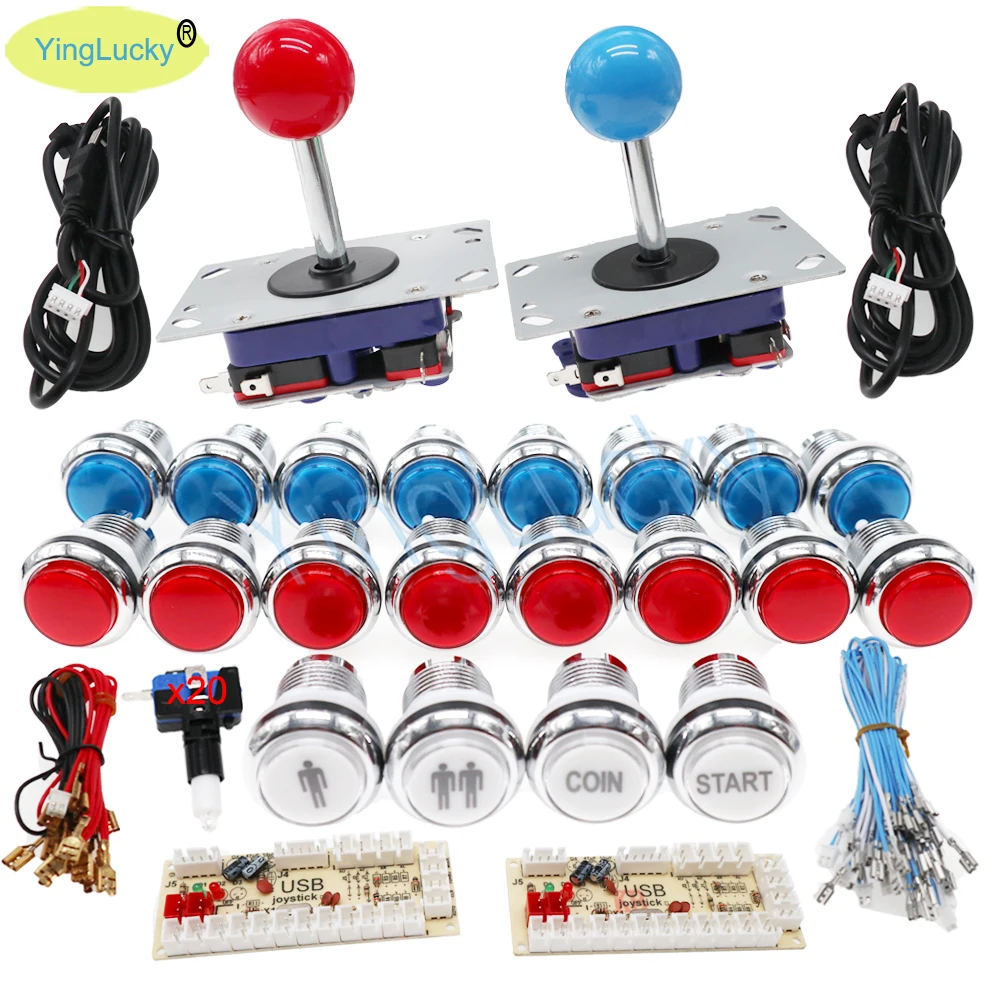 

2 Player Arcade Diy Kit arcade zero delay usb encoder with 12V LED Chrome Push Button Zipp Joystick to PC / Raspberry PI PS2 ps3