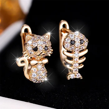 Cute Small Cat Fishbone Black Eyes White Zircon Hoop Earrings For Women Vintage Gold Color Ear Buckle Wedding Engagement Jewelry