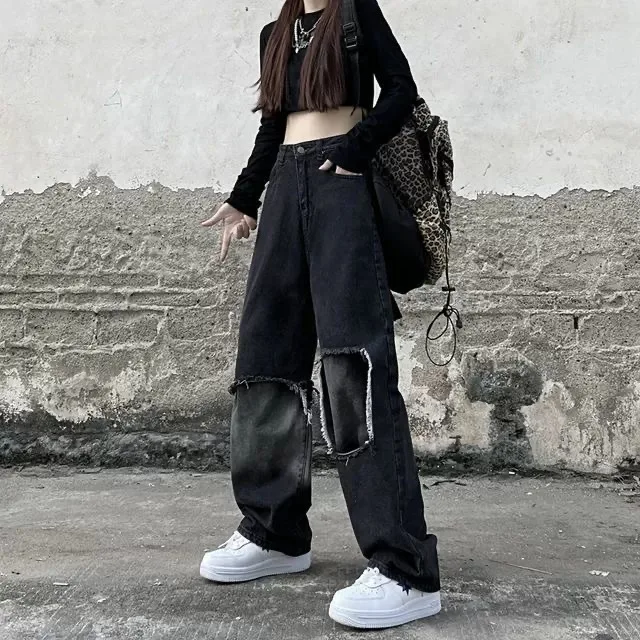 Denim Planet Black Distressed Wide Jeans 2024 New High Waisted Slim Fit Draped Straight Leg Loose Floor Mop Pants