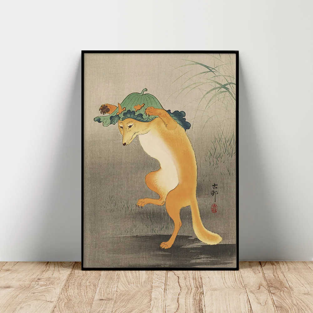

Ohara Koson Exhibition Museum Art Print Poster Dancing Fox With Lotus Canvas Painting Animal Wall Stickers Living Room Decor