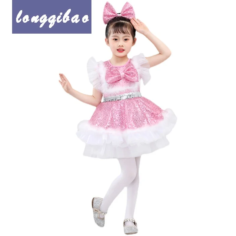 

Детская одежда с блестками для выступлений детская одежда для выступлений для детского сада розовое милое Пышное газовое платье для девочек