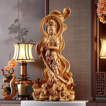 🌊 Wooden Sea-Crossing Guanyin Statue – Solid Wood Hand-Carved Feng Shui Figure (16cm) 1
