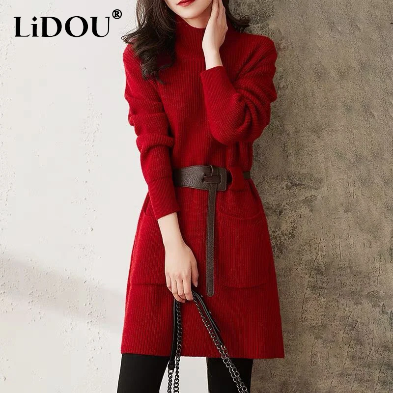 

Autumn Winter Half High Collar Solid Color Loose Casual Belt Dress Women's Elegant Fashion Knitting Waist Vestidos Female Robe
