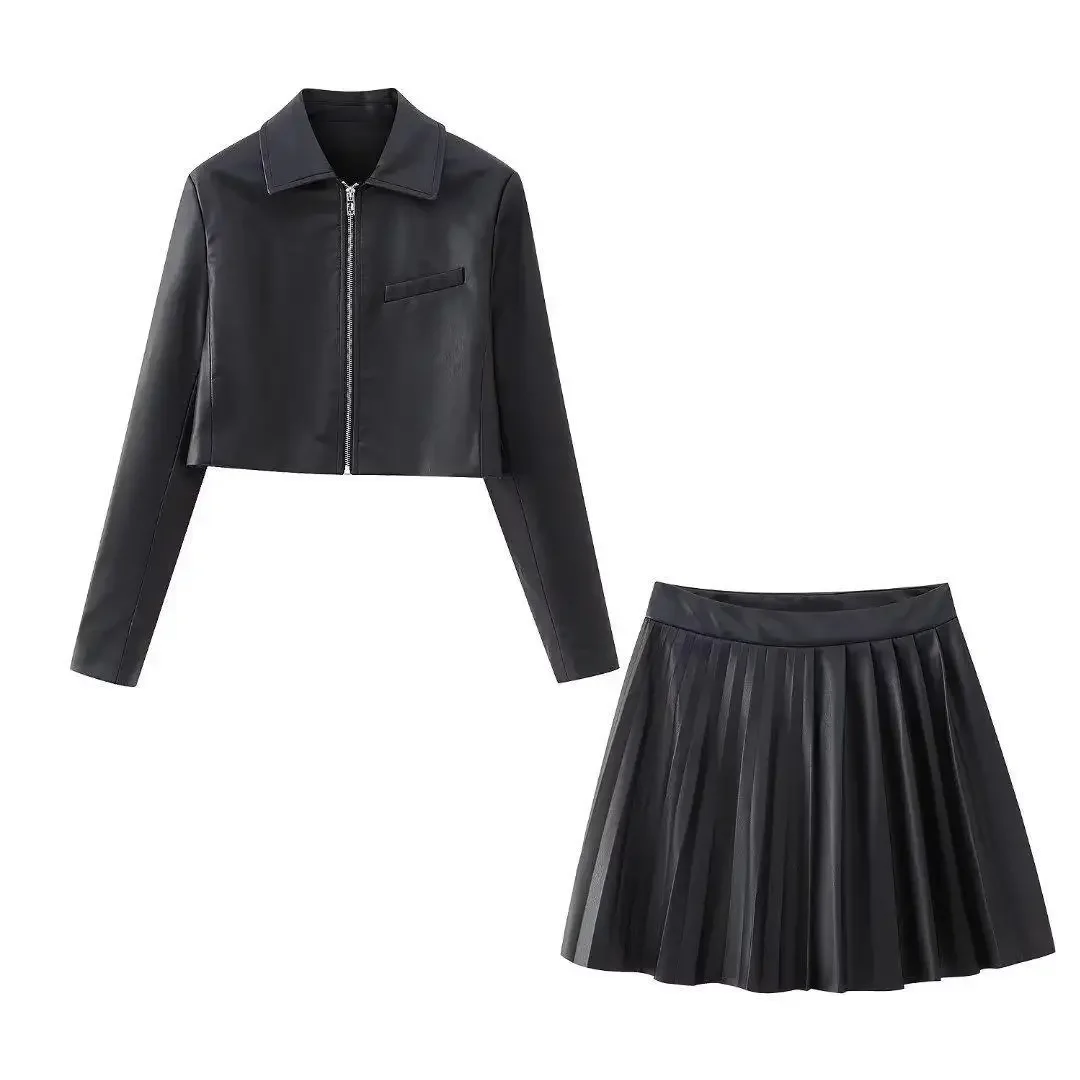 

Leather Black Women Suit Skirt Set Female Zipper Blazer+Prom Dress Formal Business Work Wear Jacket Casual Hot Girl Coat