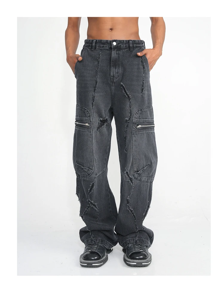 

Tear Jeans Men's High Street Men's Cargo Workers' Jeans Big Pocket Casual Hip -hop Pants Vintage Vintage 2024 Spring New