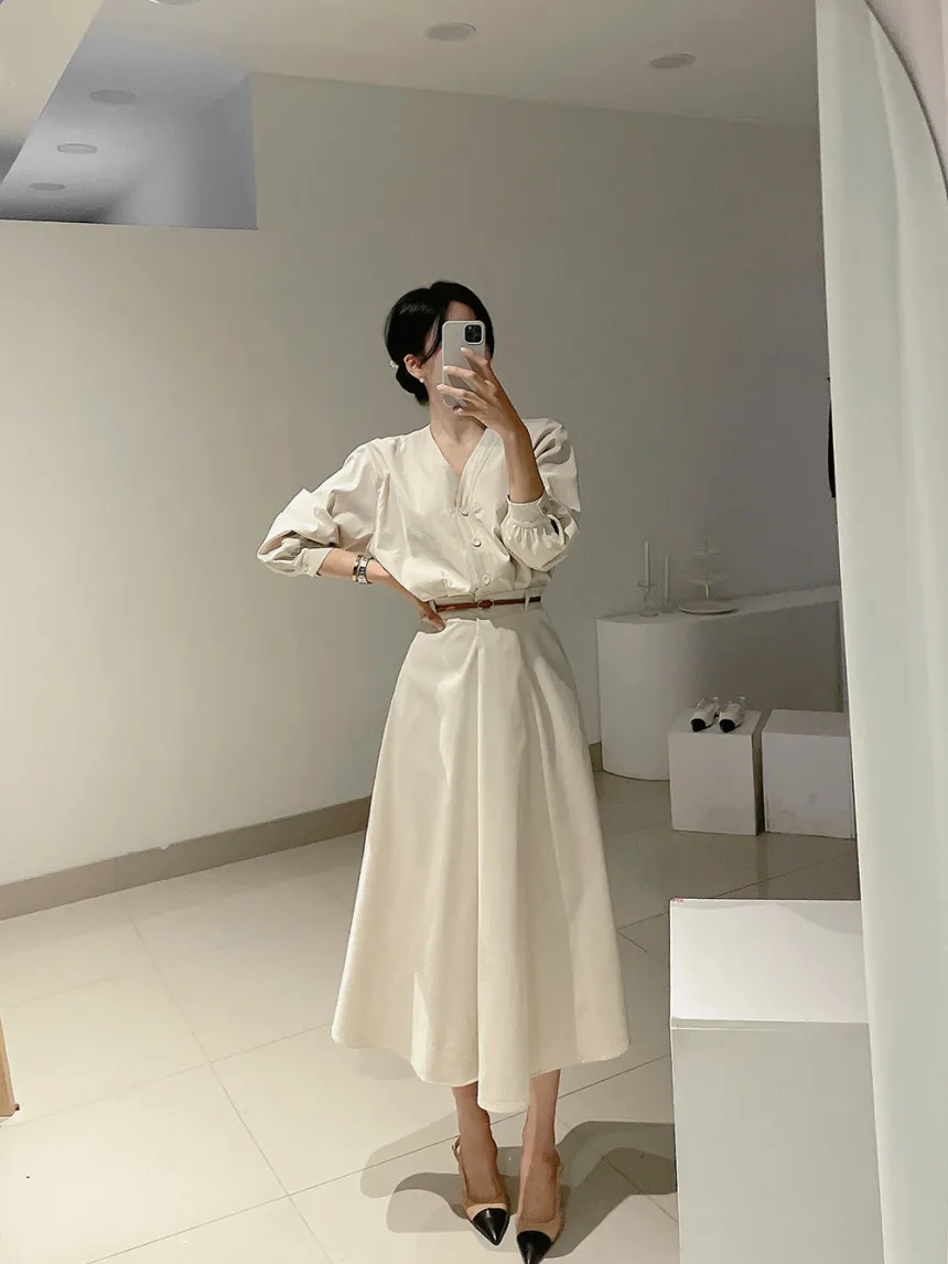 Korean Fashion V-neck Midi Dresses for Women with Belt Long Sleeve A-line Office Lady Autumn New Elegant Solid Female Clothing