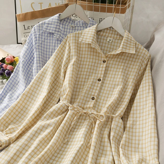 Women Casual Slim Long Sleeve Plaid Shirt Dress Spring Autumn