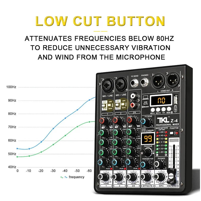 For TKL 4 channel 99 DSP audio mixer 48V Phantom Power USB studio sound mixers Bluetooth DJ console mixing for karaok