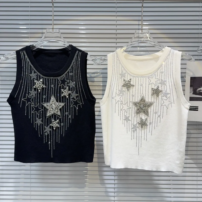 

BORVEMAYS Five-pointed Star Tassel Diamonds Tank Tops O Neck Sleeveless Patchwork Knitting T-shirt Spring New WZ8167