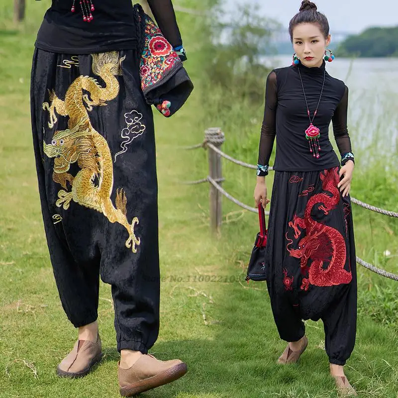 china dragon embroidery bloomers black trousers women national ethnic style vintage harajuku harem pants casual baggy pants women pants