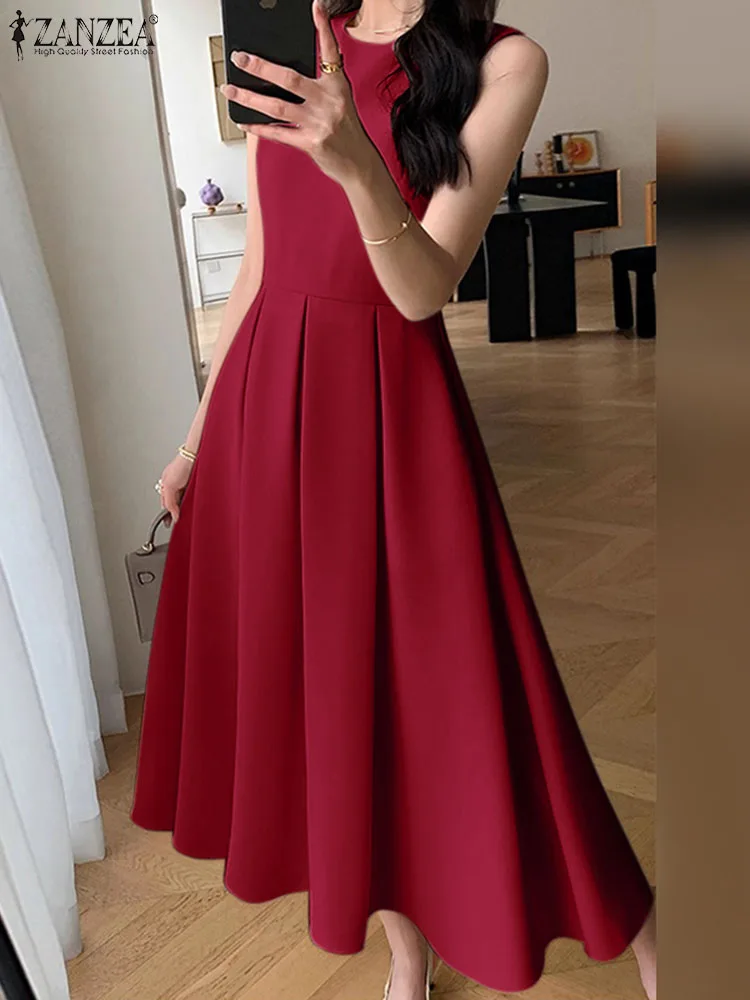 ZANZEA Women Sleeveless Pleated Dress 2025 Summer Korean A-line Tank Evening Dress Elegant Swing Vestido Vintage Party Long Robe 2