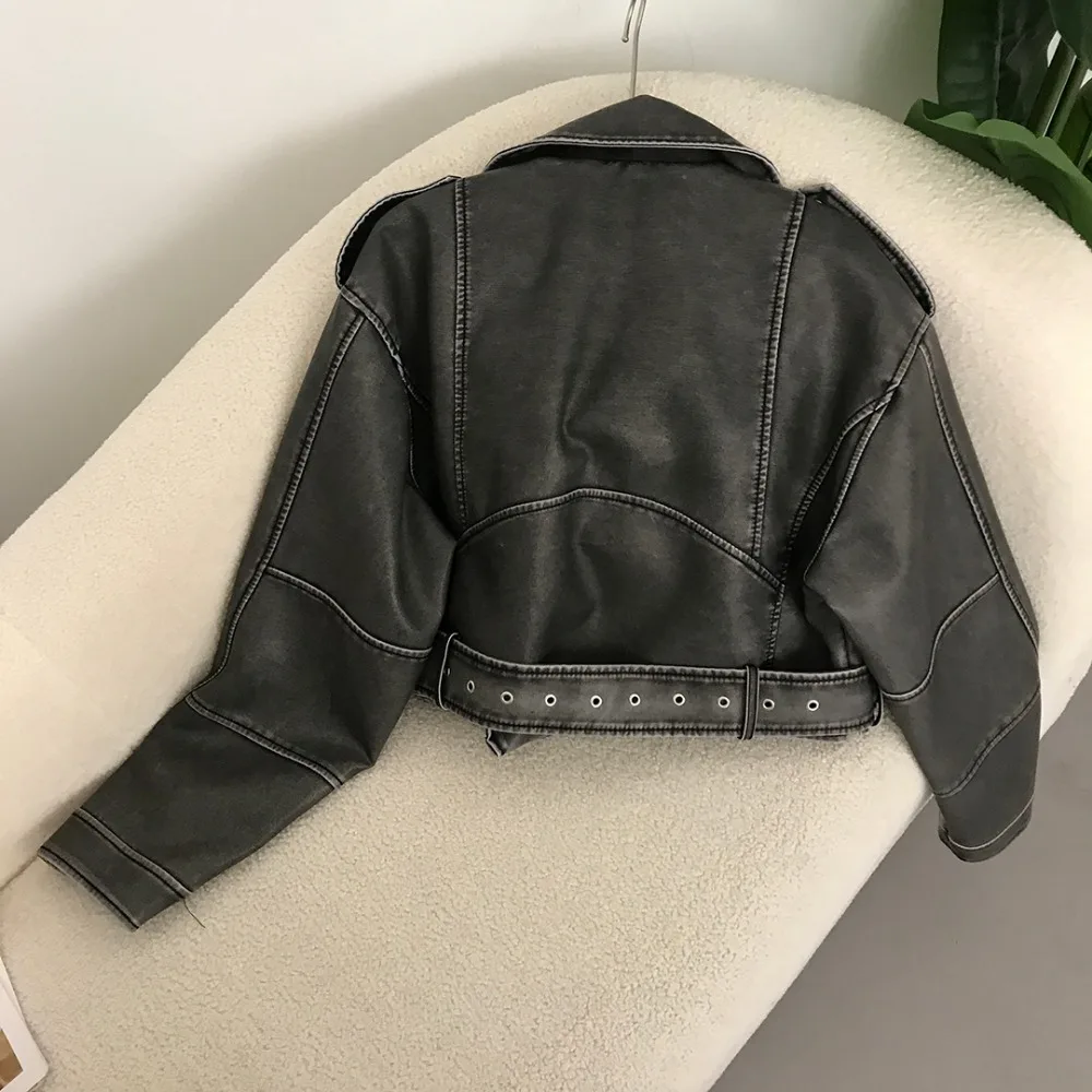 New Spring Woman Faux Leather Jacket Chic Vintage American street wear Short Lapel Zipper Belt Biker Coats Fashion Streetwear 4