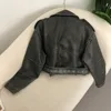 New Spring Woman Faux Leather Jacket Chic Vintage American street wear Short Lapel Zipper Belt Biker Coats Fashion Streetwear 4