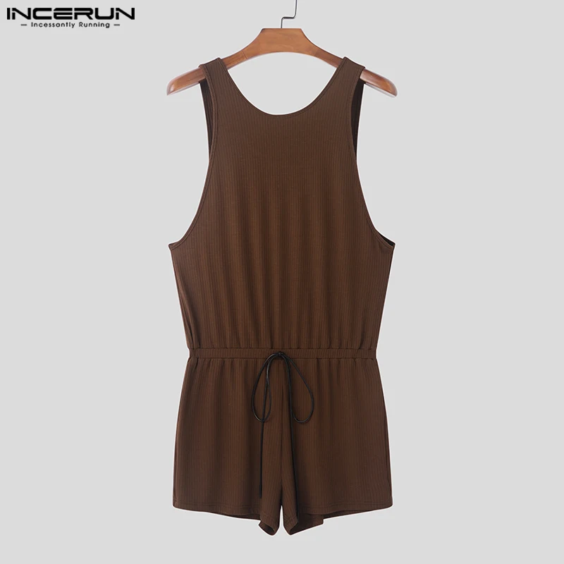 Men Bodysuits Men Jumpsuits INCERUN American Style Men's Homewear Fashion Striped Texture Design Jumpsuits Casual Comfortable Thin Sleeveless Bodysuits