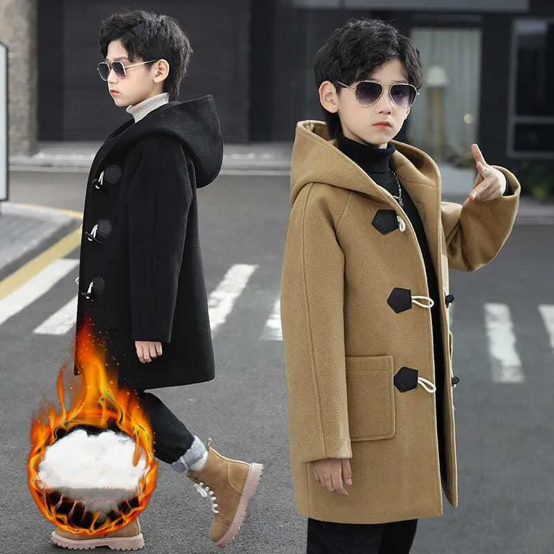 Boys Wool & Blends Winter Coat New Fashion Hooded Solid Single-Breasted Plus Cotton Warm Children Outerwear High Quality