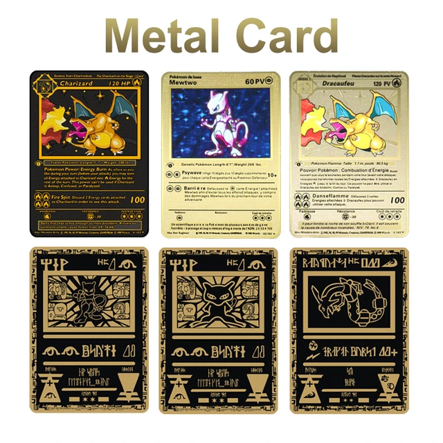 Anime Pokemon Metal Card Black Gold Collection English Card Pikachu Mewtwo  Charizard Vmax Gx GenⅠ Trainer Battle Cards Toys