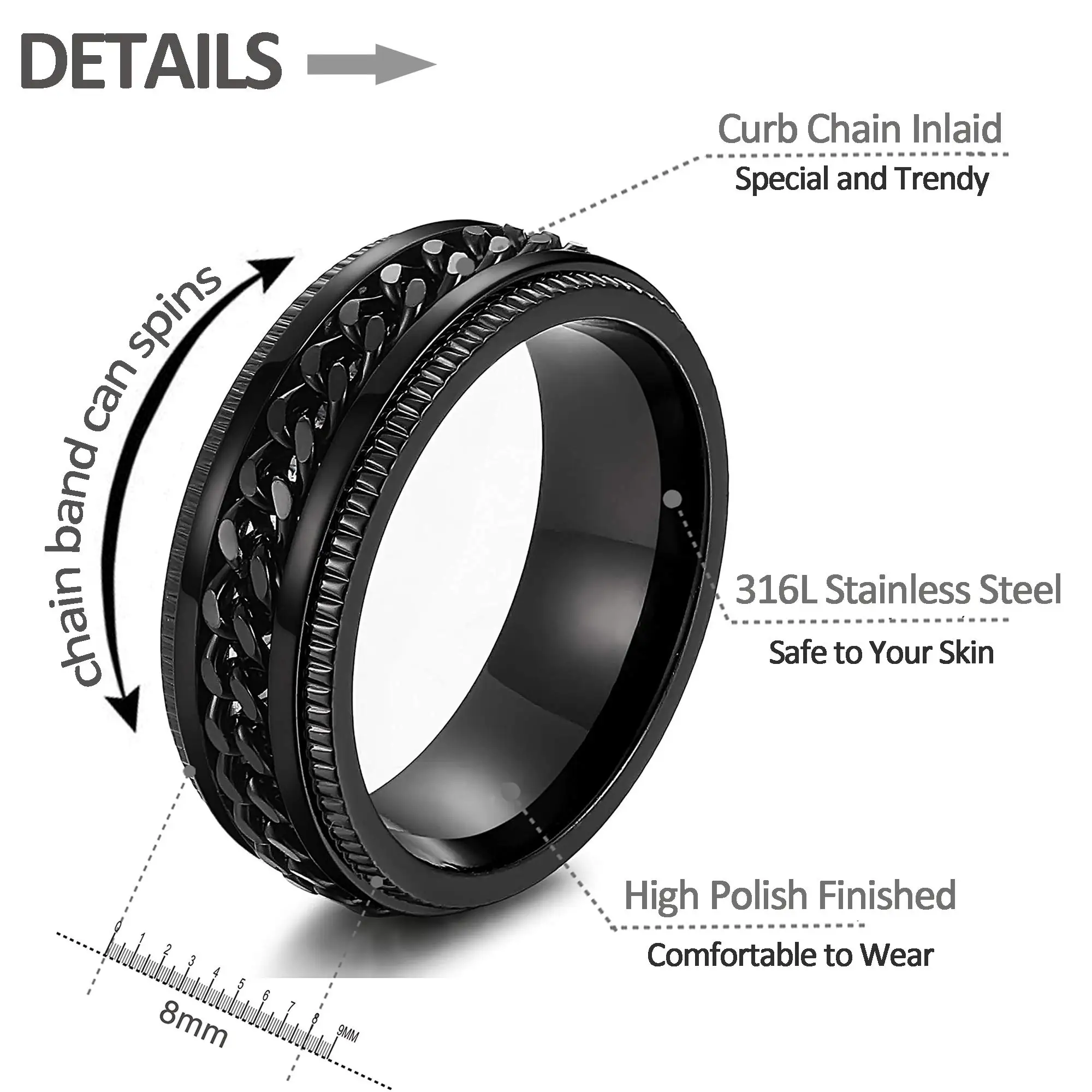 King Will Intertwine 8mm Silver Spinner Ring Stainless Steel Fidget Ring  Anxiety Ring for Men gold curb chain Inlay 7