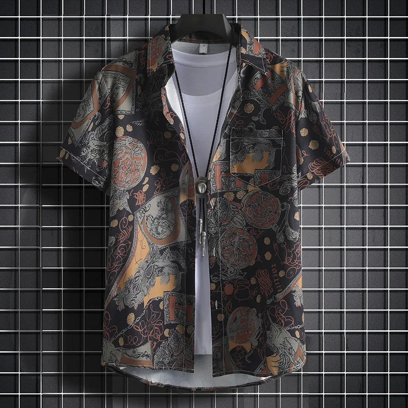 בגדי חוף לגברים: חולצות קז'ואל מודפסות בצבע אדום עם שרוול קצר למראה מסוגנן