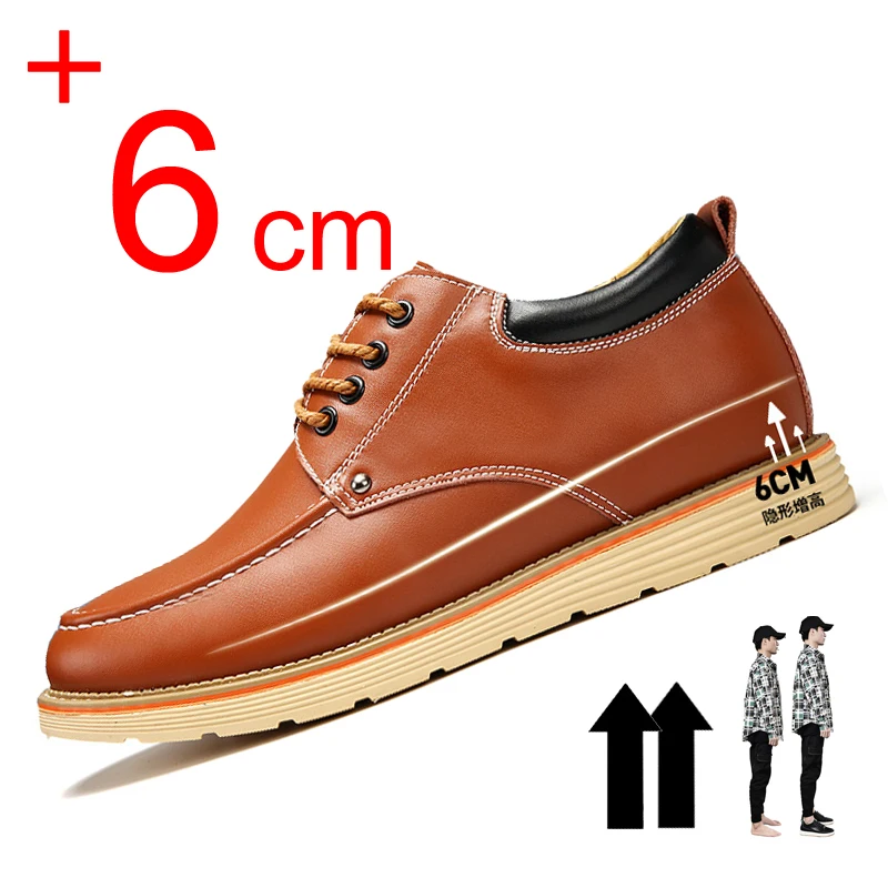 Hidden Heel 6cm Man Shoes Leather Genuine Elevator Shoes For Men Full Grain  Cow Leather Lace Up Casual Formal Dress Brown Shoes