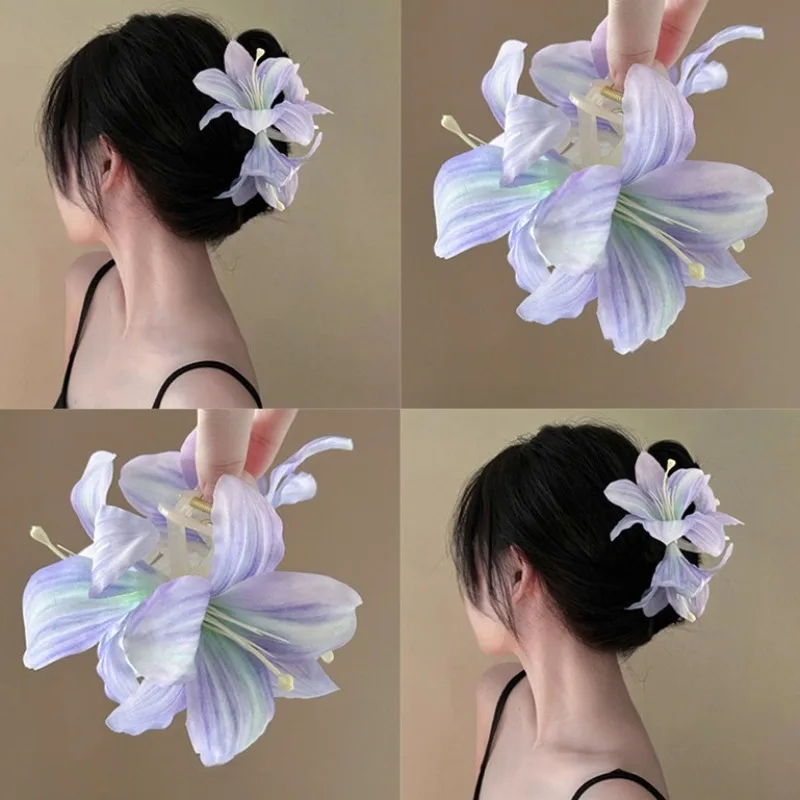 Simulation French Vintage 3D Lily Flower Gripper Atmosphere Back Head Hairpin Headgear Flower Shark Clip Hair Accessories 머리핀