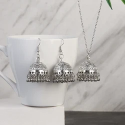 Elegant Silver Ethnic Indian Bridal Jewelry Set - Carved Bells Necklace & Vintage Dangle Earrings (Set 1)