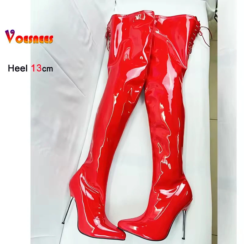 New Red Patent Leather Stiletto Thin Heels Women Over The Knee Boots Pointed Toe Sexy Super High Heel Side Zipper Modern Boots