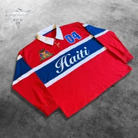 Polo pour homme, style Harajuku Y2K, streetwear, rayé, contrasté, polo de rugby à manches longues, broderie Haïti, coupe ample, décontracté, unisexe, tendance 1