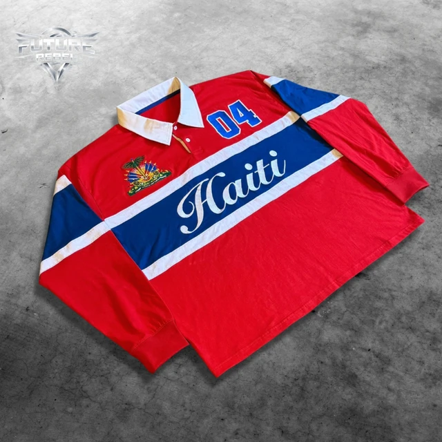 Polo pour homme, style Harajuku Y2K, streetwear, rayé, contrasté, polo de rugby à manches longues, broderie Haïti, coupe ample, décontracté, unisexe, tendance 1
