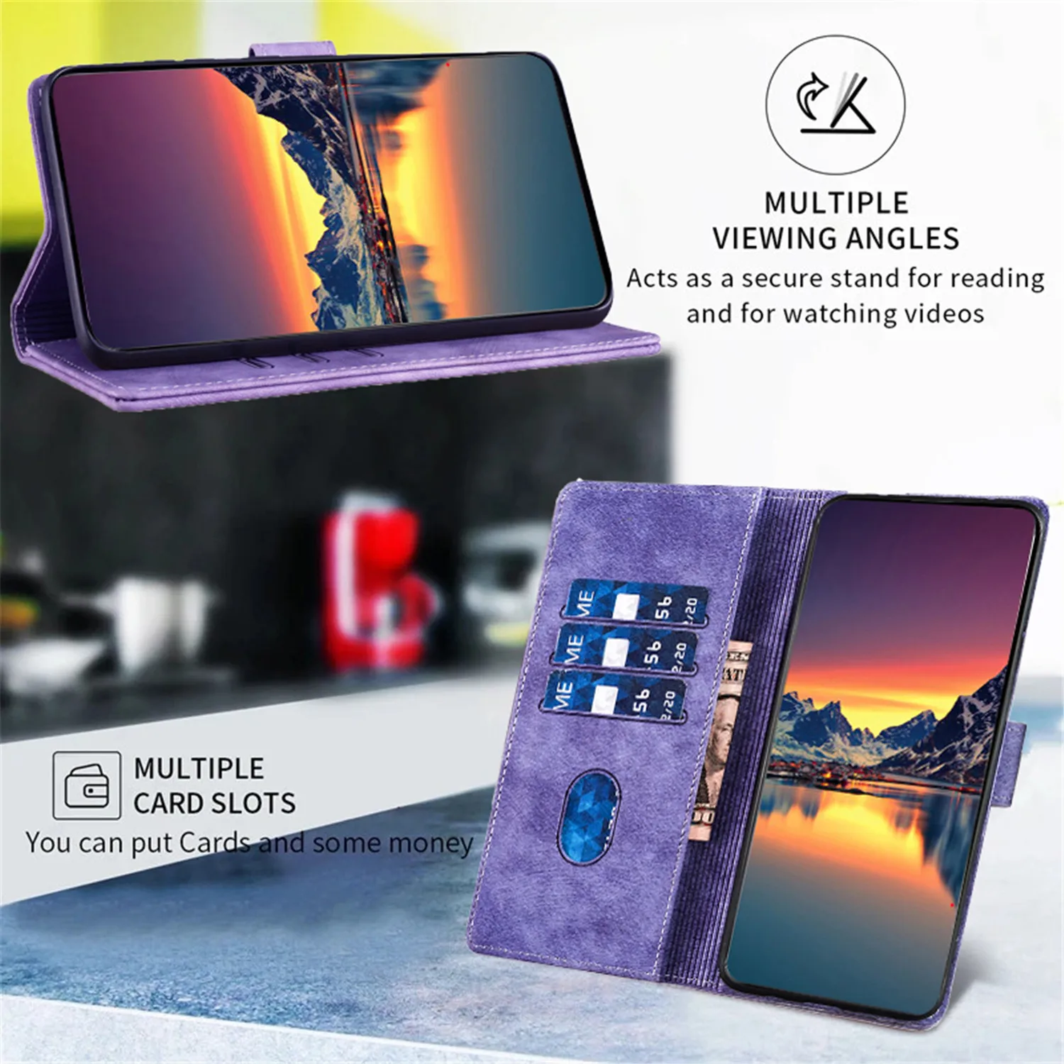 Premium PU Leather Flip Wallet Phone Case with Card Holder and Stand Feature, Book Style Cover