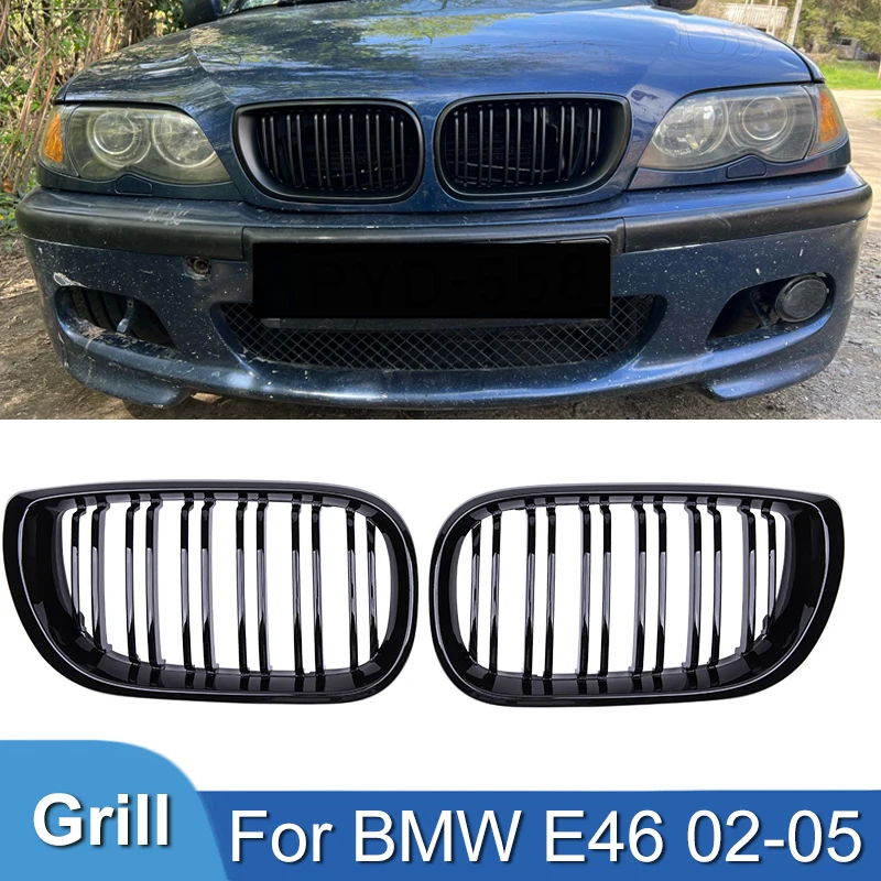 

Pulleco Car Front Bumper Grilles Racing Grill Kidney Dual Line Grills Gloss Black Grille For BMW 3 Series E46 4 Door 2002-2005